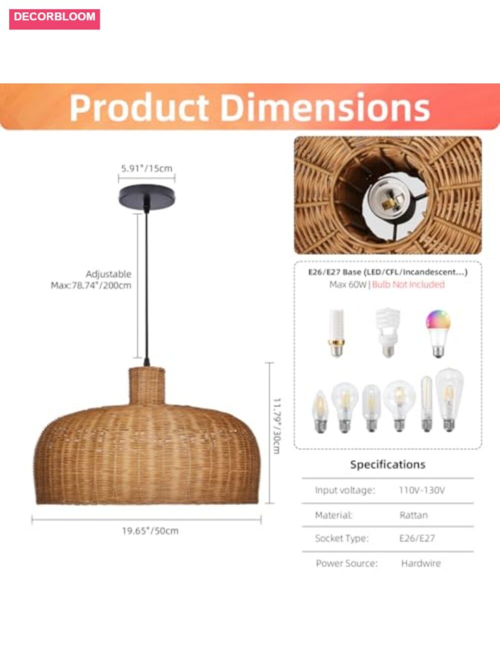 Hand-Woven Rattan Pendant Light Farmhouse Chandelier for Living Room Bedroom - Picture 4 of 5